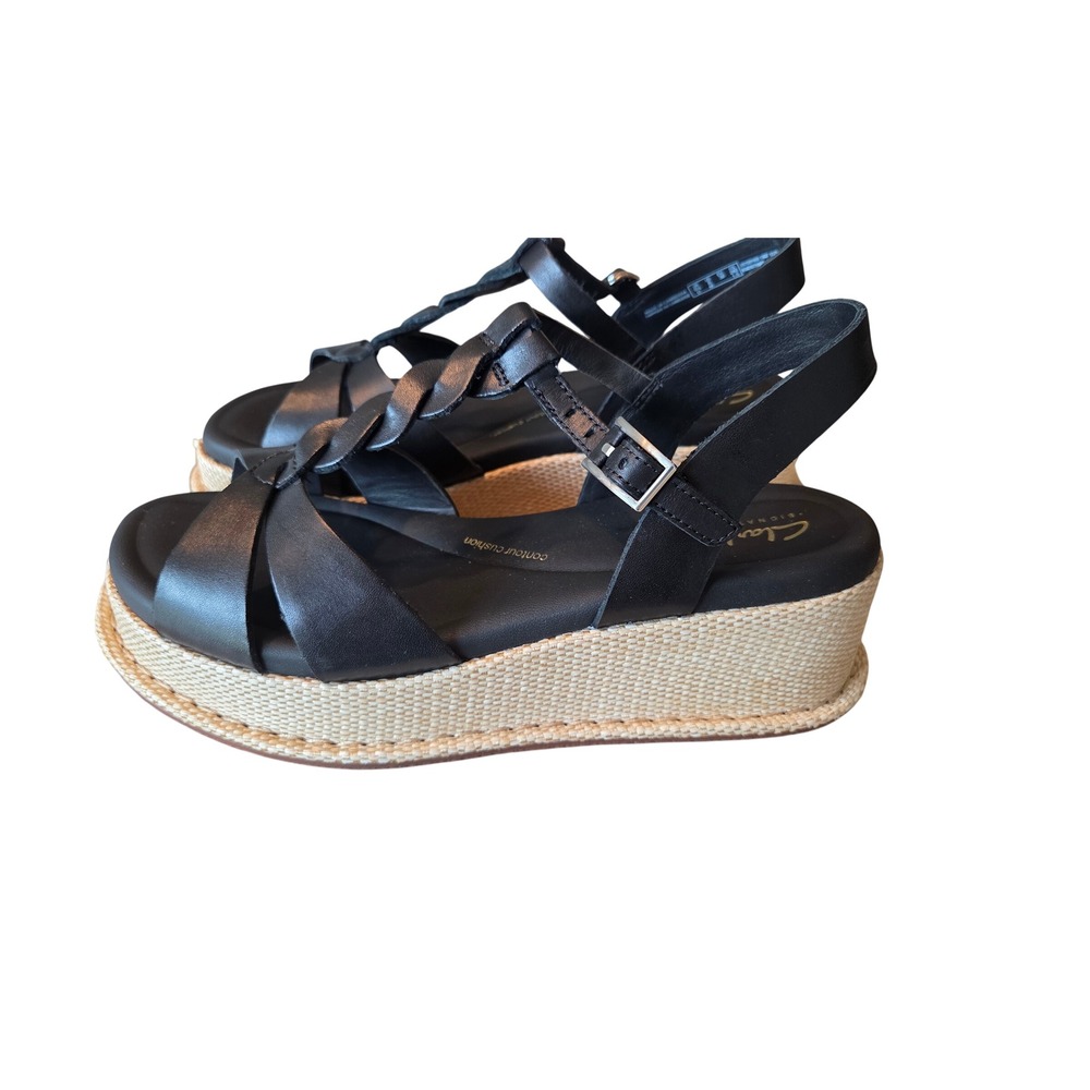 Clarks Kimmei Twist Leather Braided Wedge Platform Black Espadrille Summer 8M